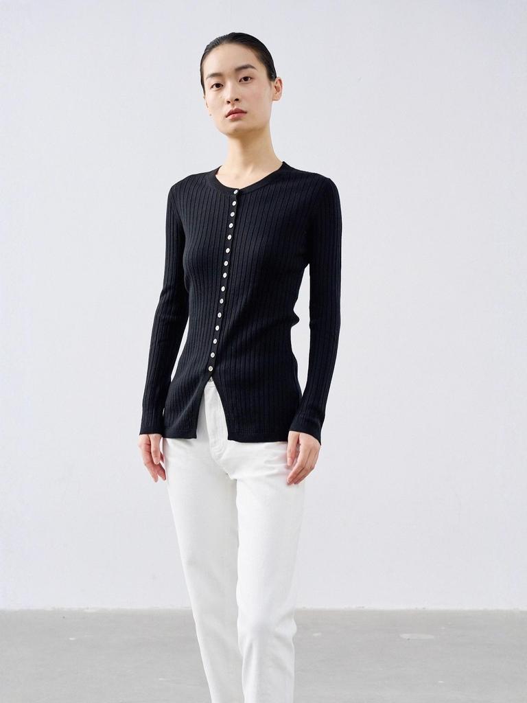 Nordic Minimalist German Yarn Super120's Ribbed Crew Neck Wool Cardigan