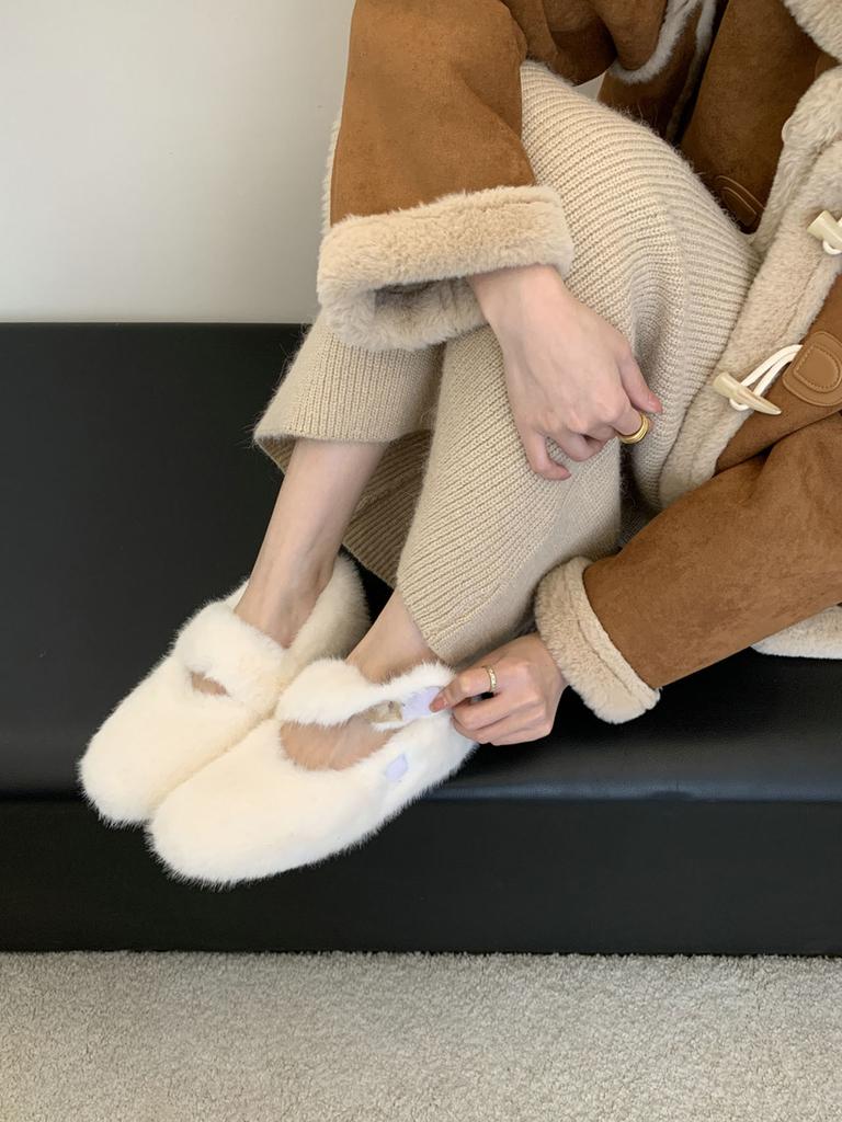 One word with round head fleece beanie shoes women's flat bottom winter fleece warm fluffy shoes women