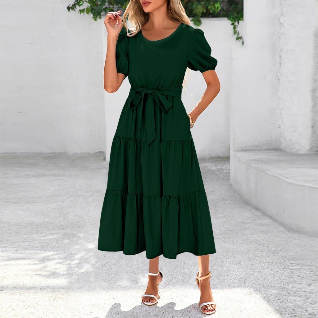 Women's Summer Solid Color Short Sleeve Round Neck Waistband Bohemian Flowy Layered Maxi Dress With Pockets