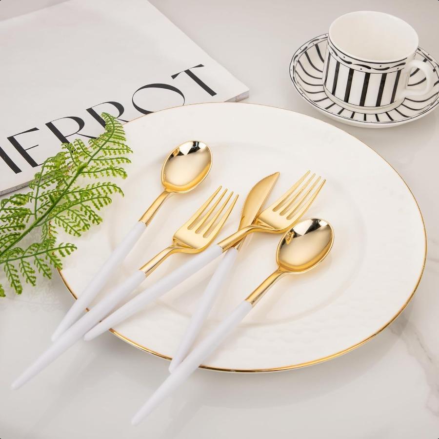 

I00000 60 шт. Золотые пластиковые столовые приборы Сверхпрочные Золотые пластиковые столовые приборы Набор одноразовых столовых приборов для вечеринки Супербоул Включает 20 Go United States