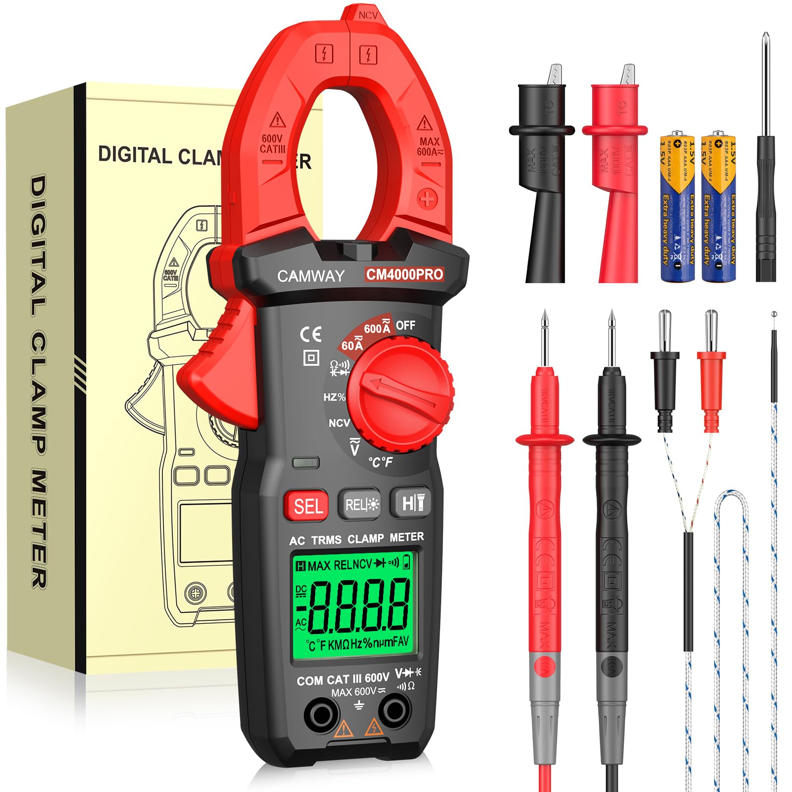 

CAMWAY Digital Clamp Meter TRMS 600A Current Voltage NCV Continuity Diode Test 4000 Counts 600A Current AC/DC AC/DC Resistance, Capacitance,
