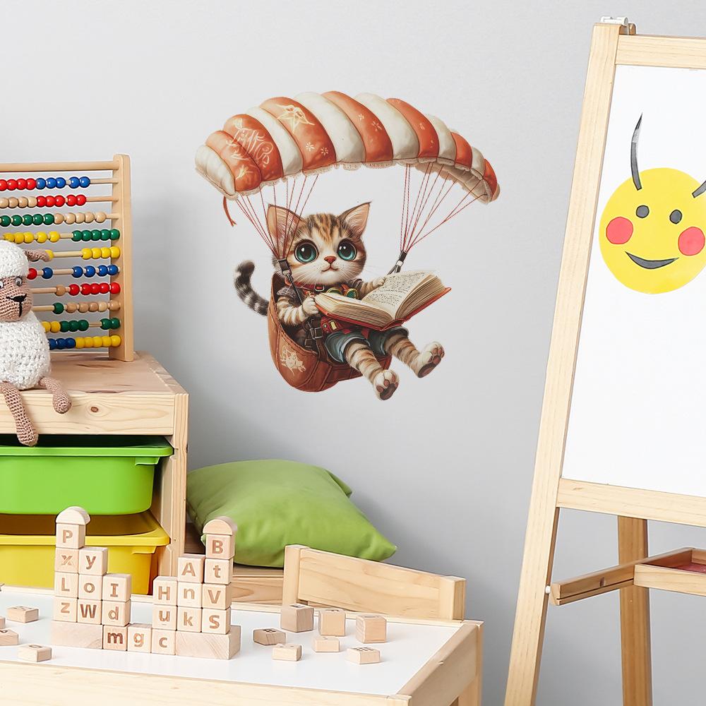Cartoon Cute Cat Paragliding Wall Sticker Self-Adhesive Removable Bedroom Living Room Hallway Home Decor Art