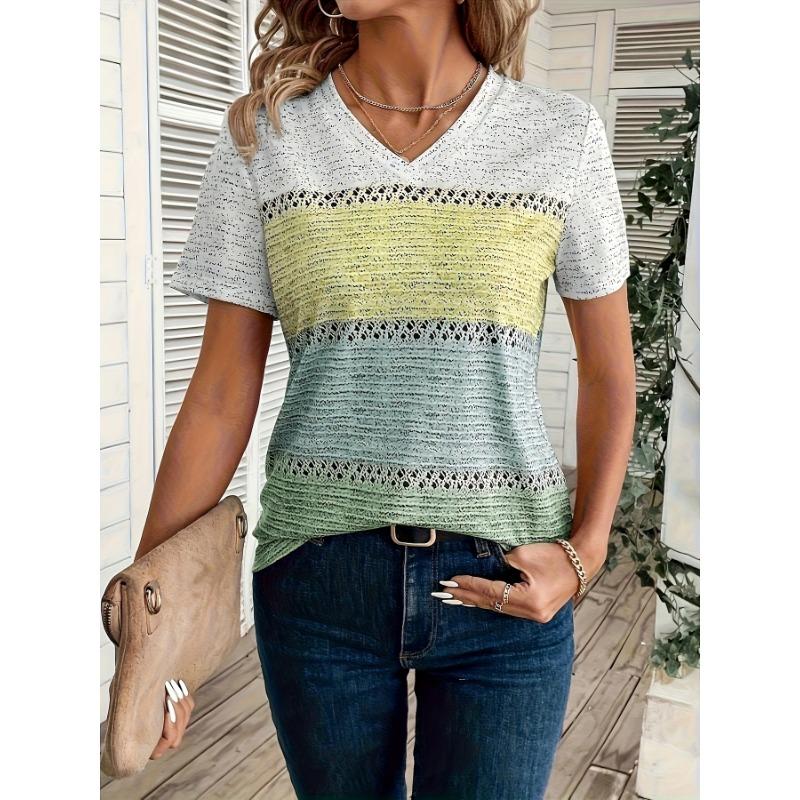 

Women s Casual V-Neck Top - Stretch Short Sleeves, Fashionable Color Block and Floral Print L