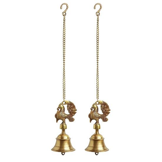 Peacock' Brass Decorative Hanging Bells for Home Decoration (Set of 2, Pure Brass Bell hanging Decorative Items Bell for Mandir Bell for Pooja Room