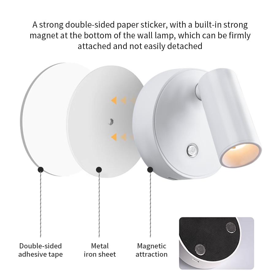 Magnetic Cordless Led Wall Lamp with Touch Switch Rechargeable Night Light Spotlight Brightness Color Dimmable Bedroom Cabinet