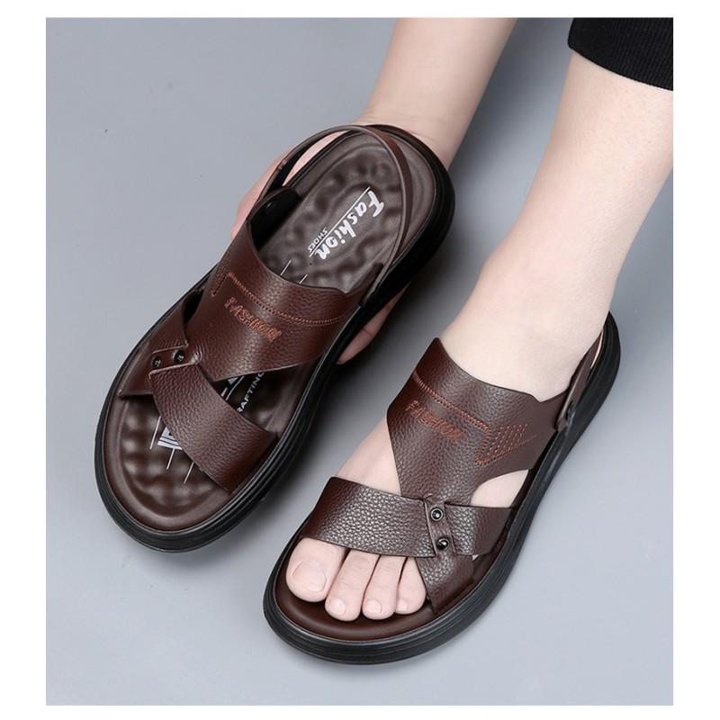 Mens Genuine Leather Slide Sandals Breathable TPR Sole Outdoor Casual Slip-On Footwear Beach