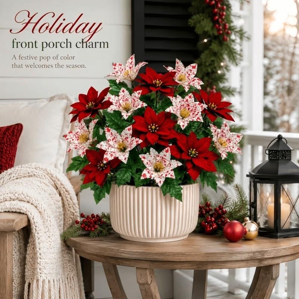 20Pcs UV Resistant Artificial Poinsettia Flowers with Light Realistic With Green Leaves Christmas Flower Bouquet Fade Resistant