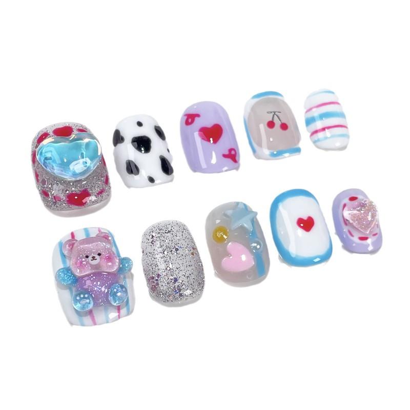 Short Round Press-On Nails With 3D Cartoon Bear Heart Design Sweet Cute Nail Art Tips Women Girls