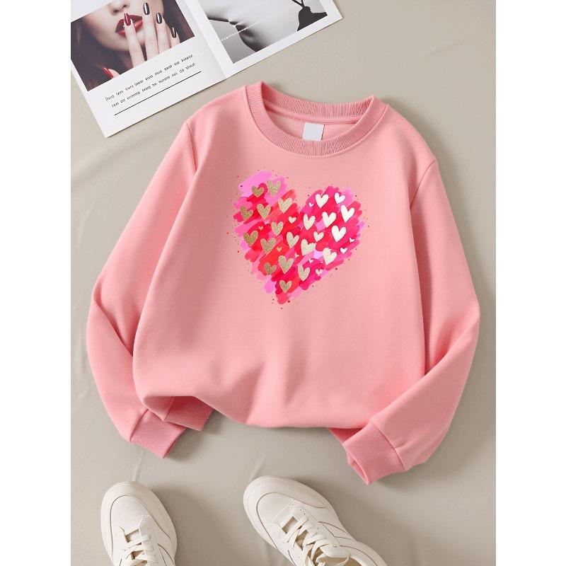 Girls' Crewneck Sweatshirt Heart Pattern with Golden And White Machine Washable, Spring And Autumn