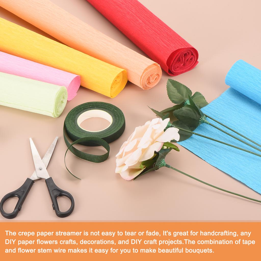 6pcs Crepe Paper Roll with Floral Stem Wire and Green Floral Tapes for Wedding Ceremony Various Large Festivals Decoration