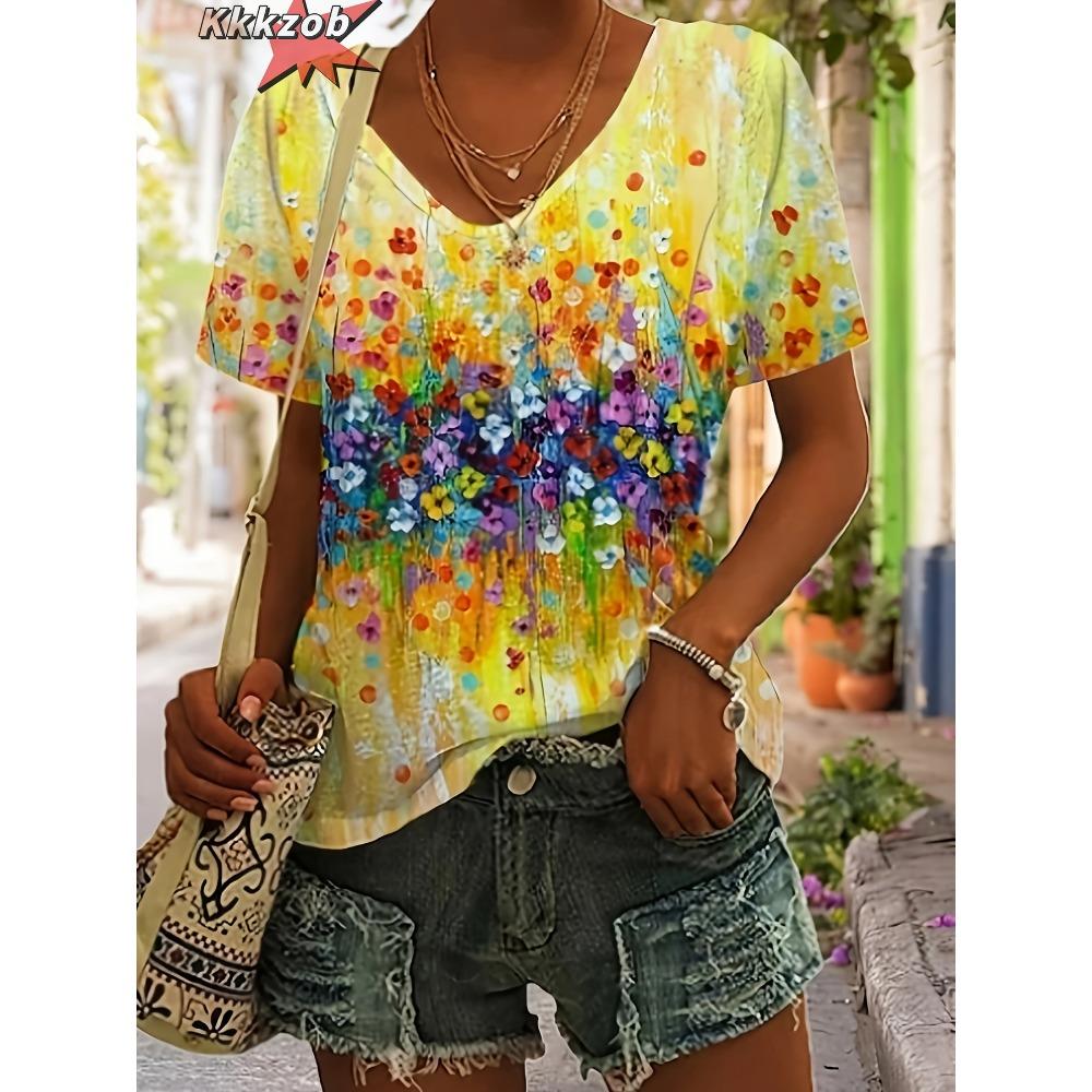 Women's T Shirts V-Neck 3D Art Print Tops Loose Short Sleeve Tees Summer Streetwear Fashion Casual Oversized Female Clothing