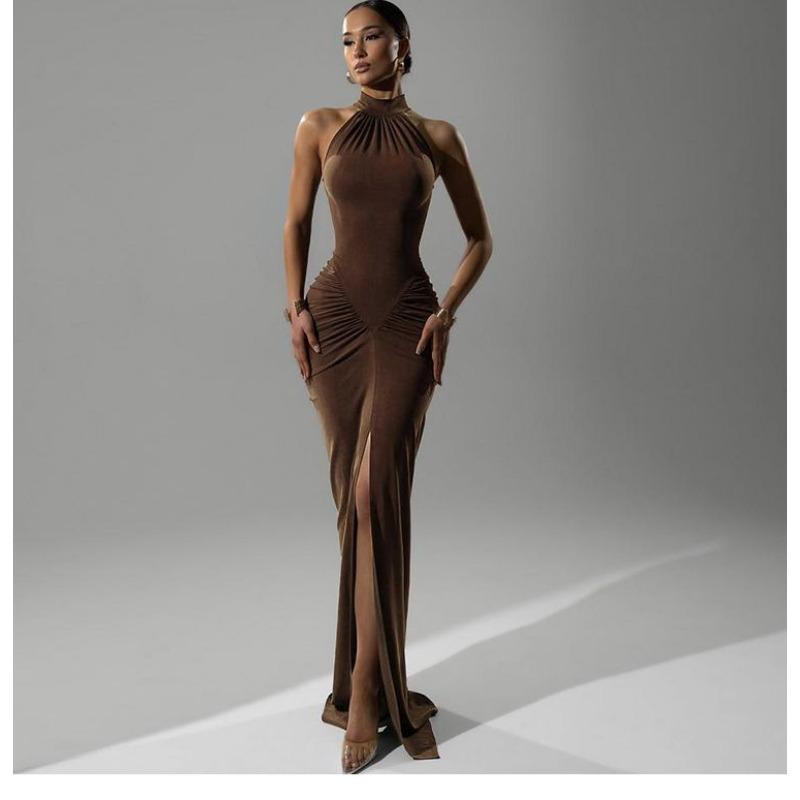 Einfarbig Plissiert Ärmellos Hoher Schlitz Schmale Taille Figurbetont Hüftbetont Langes Kleid