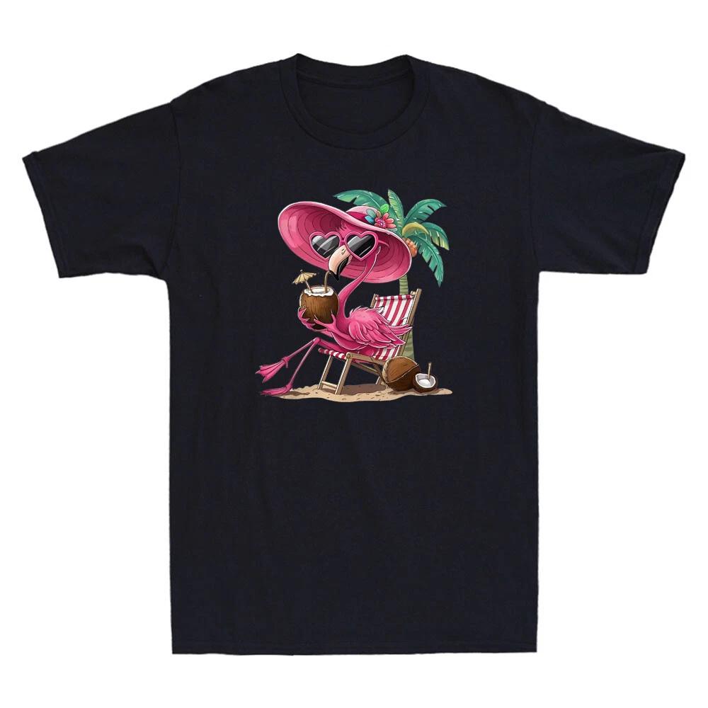 Palm Flamingo Pink Beach Tree Summer Vacation Funny Graphic Short Sleeve T-Shirt S
