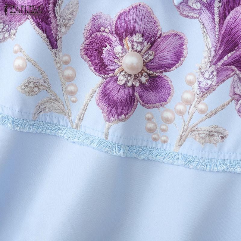 ZANZEA Women Casual Round Neck Loose Short Sleeve Floral Print Blouse