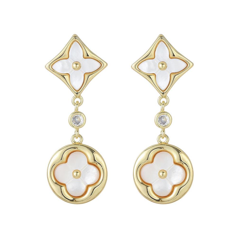 New High-End Mother-of-Pearl Four-Leaf Clover Geometric Earrings, Copper Plated with Real Gold