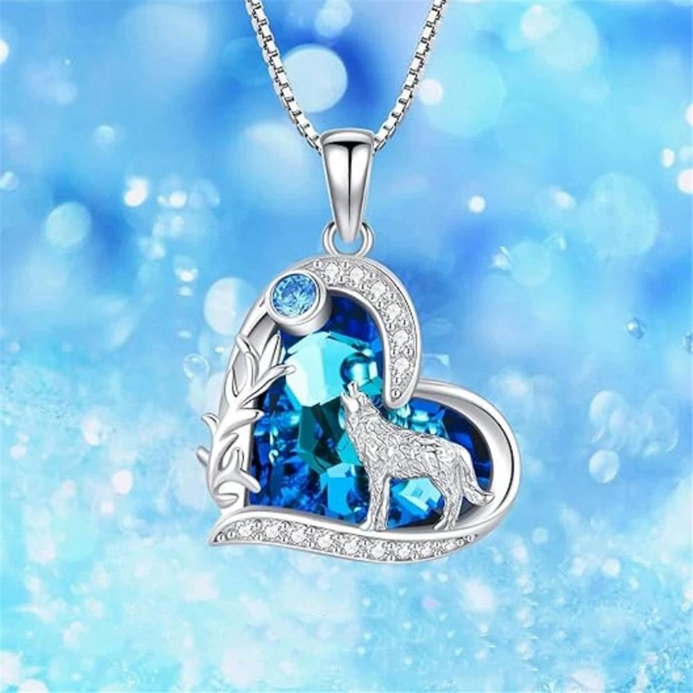 Шарм Женский Хрустальный Бело-Синий Лунный Камень Сердце Кулон Ожерелье Винтажное Серебристый Цвет Свадебное Для Женщин