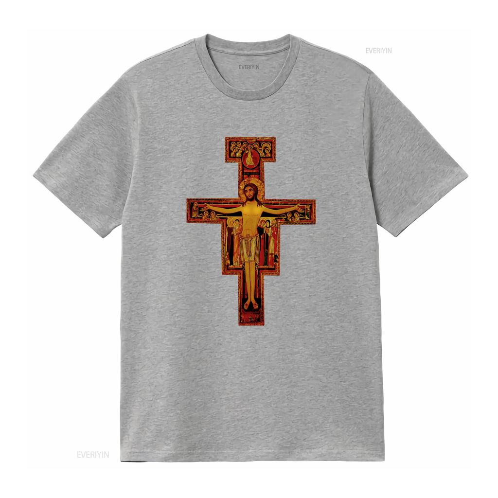 St Francis of Assisi San Damiano Cross Catholic Eastern Retro Unisexs T Shirt Vintage Washed Slightly Casual Stylish Versatile