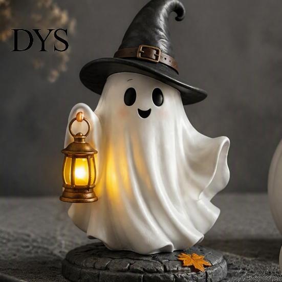 Whimsical Halloween Figurine Lighted Ghost Figurine, Spooky Resin Witch on Pumpkin/Holding Lantern Statue with LED Light for Desktop Bookshelf Mantel