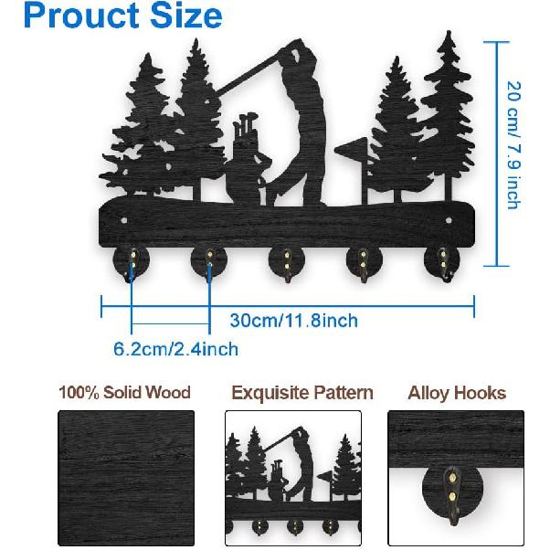 MAYJOYDIY Golf Coat Racks Wall Mounted Wood Golf Clubs Tree Key Hangers for Wall 11.8×7.9inch Black Key Holder 5 Alloy Hooks Home Decor Gifts