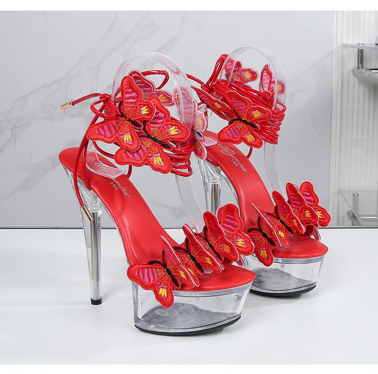 Strap Shoes Butterfly Sexy Super High Heels 15CM Thin Heel Waterproof Platform Sandals Transparent Crystal LFD