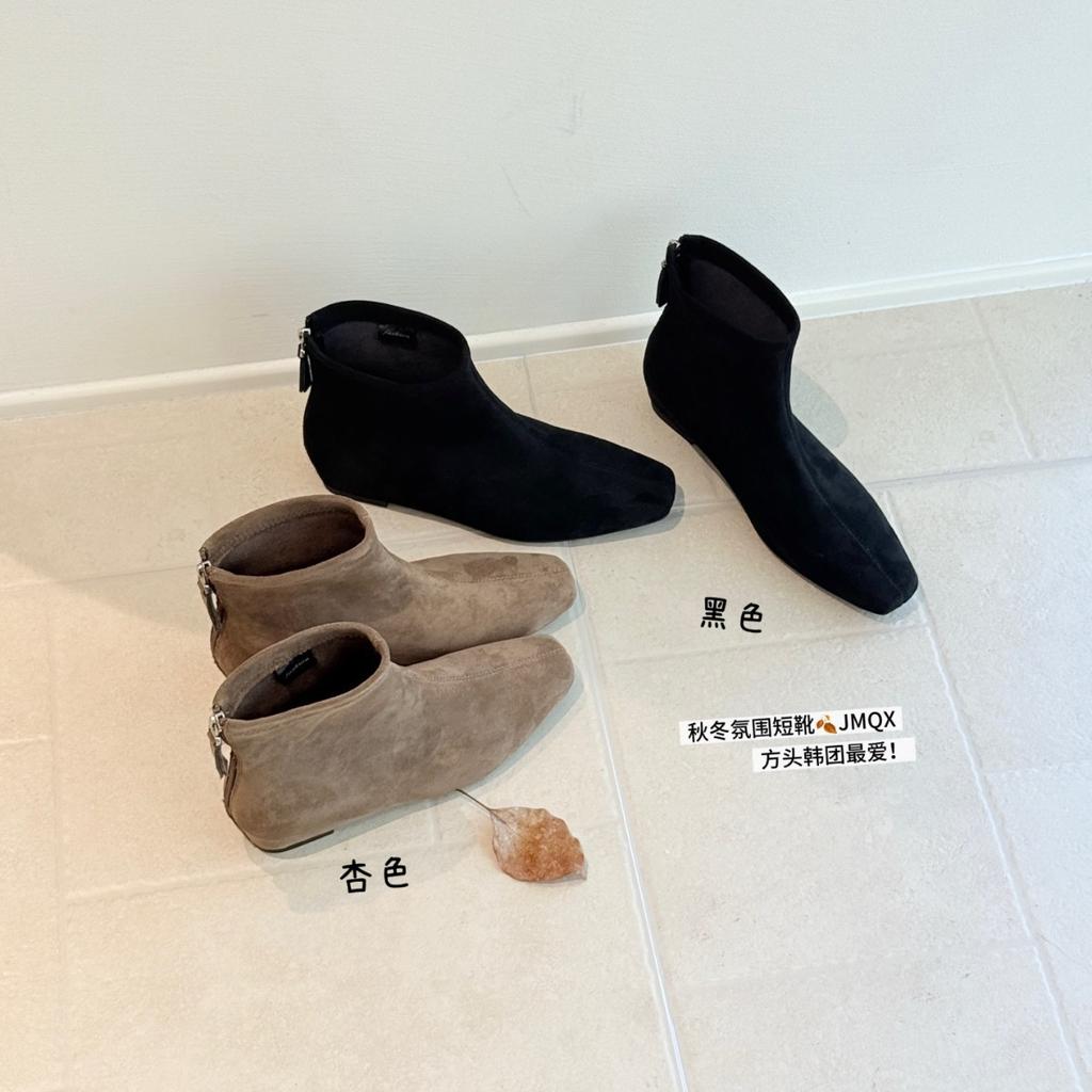 Flat Bottom Thin Boots Women's 2025 Autumn and Winter New Square Head Elastic Bare Boots Suede Martin Boots Velvet Leather Short Boots