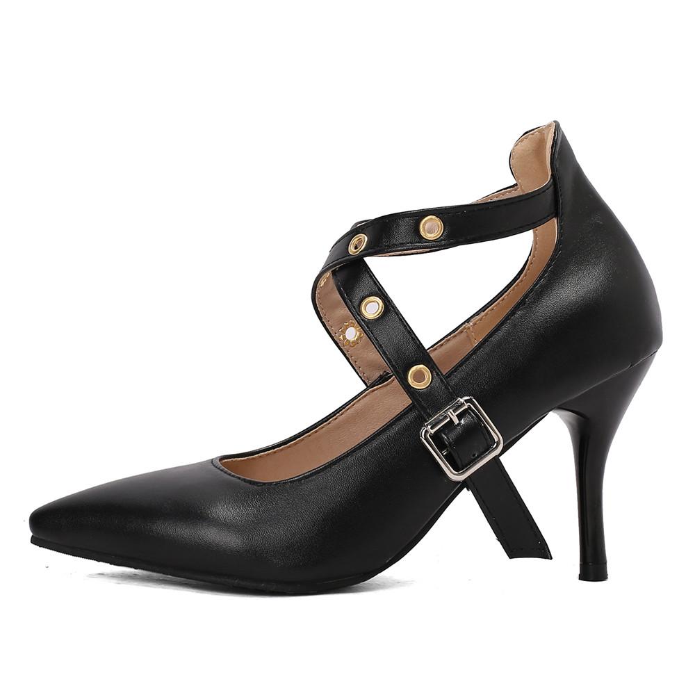Fashion Pumps High Heel Women New Cross Straps Buckle Wedding Shoes Shallow Pointed Single Shoes Model Nightclub Sexy Plus Size 34-48