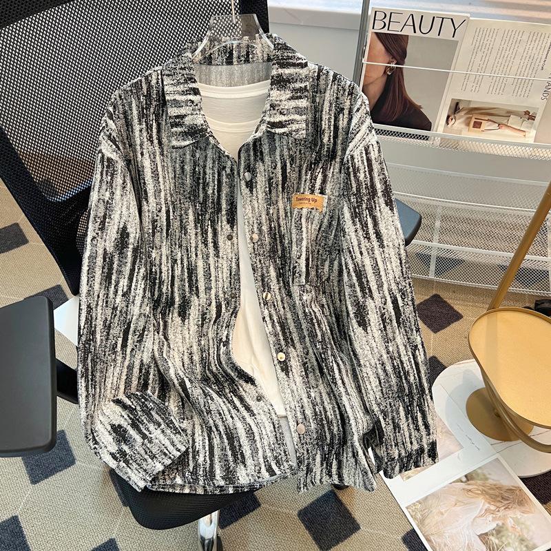 Jarní a podzimní nová pánská volná ležérní košile s dlouhým rukávem s batikovaným vzorem