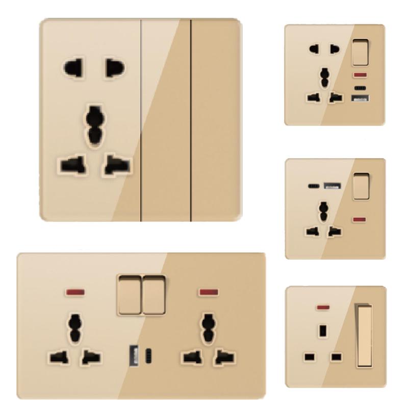 TYC Port Lamp 5-Hole Golden Acrylic Panel UK13A Wall Socket Switch 2 USB Universal 2/3/4/5 Pin Waterproof Touch Panel 13A Max