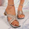 Women Sandals Foreign-style Rhinestone Slippers Women Summer Square Toe Sandals Open Toe Outward Wear One-word High-heeled Shoes