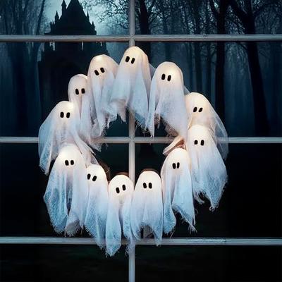 Lit Ghosts Wreath Halloween Ghost Garland with Lights Battery-Powered LED Light-Up White Spooky Garland Decoration