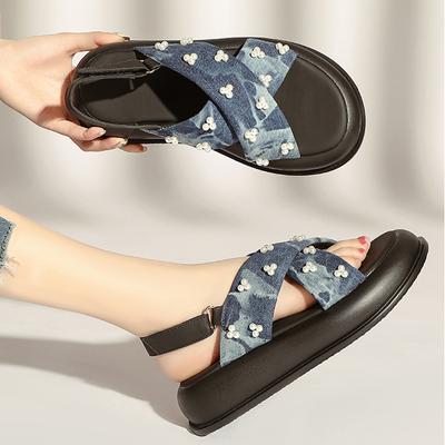 Fashion Cross Band Denim Cloth Sandals Women 2025 Summer Shoes Platform Flat Sandalias Rear Strap Flipflops Ladies Girls Muffin Sandales