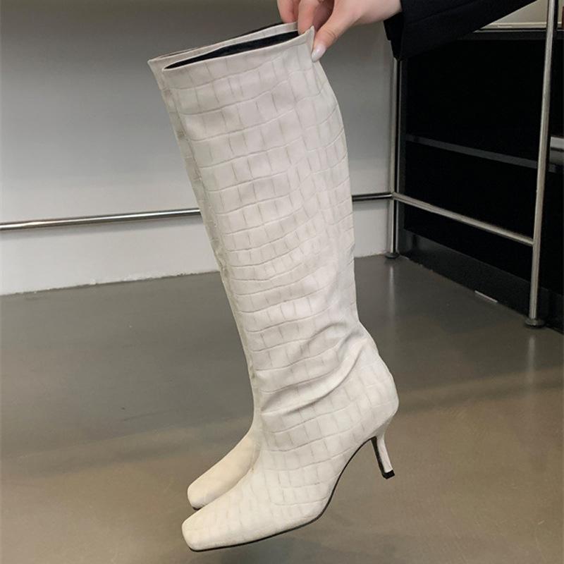 2025 new crocodile pattern long knight boots women's wide tube high boots square head thin heel high heel but knee long boots