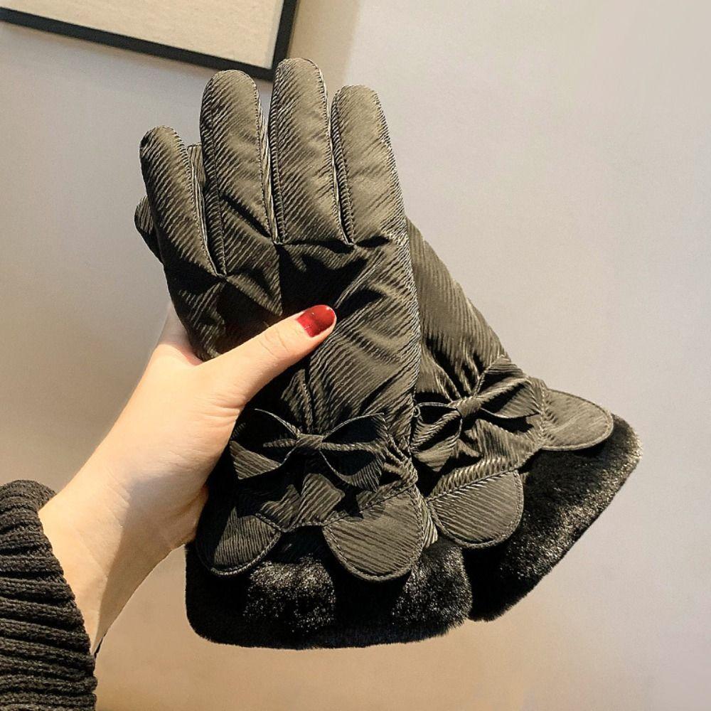 Soft Plush Thickened Gloves  Satin Windproof Gloves Gift Bow Anti-cold Mittens  Daily