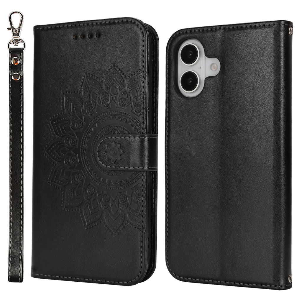For iPhone 16 Stand Case Textured Leather Wallet Phone Cover with Strap