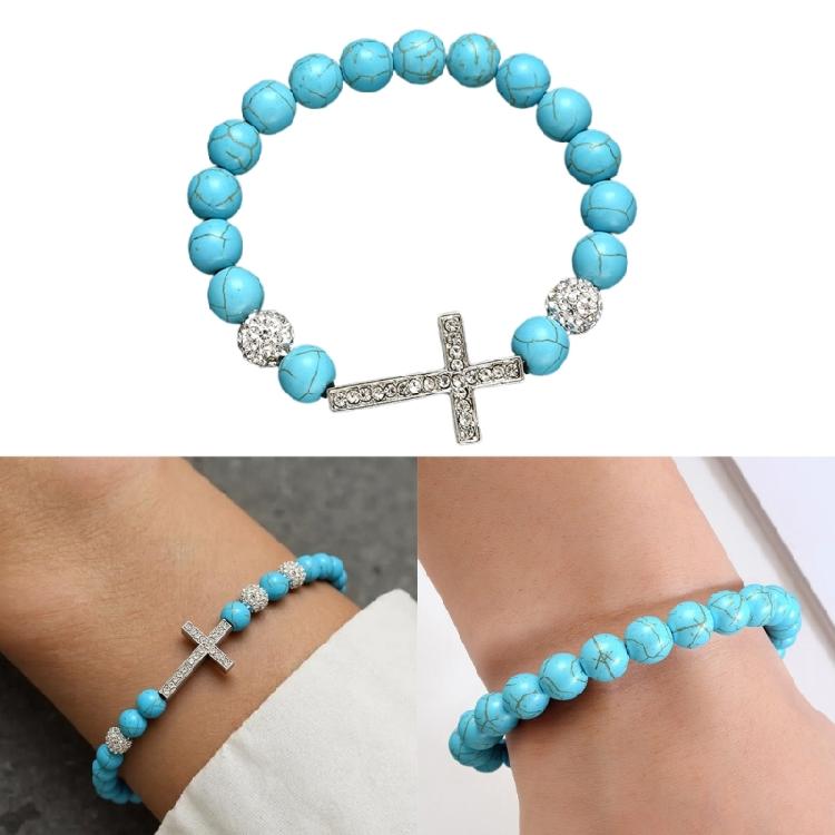 Unisex Stretchy Turquoise Bead Bracelet 10mm Stones Crucifix Symbol Adjustable Spiritual Wrist Accessory for Women Men