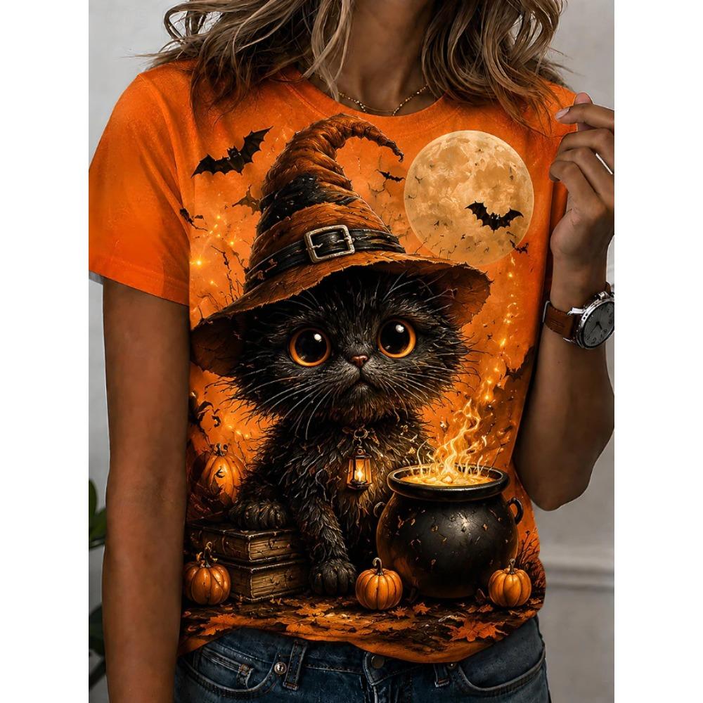 Fashion Women Retro Creative Cat Pattern Print T Shirt Funny Casual O-neck Short Sleeves T-shirt Summer Female Tee Shirt Halloween Limited Edition