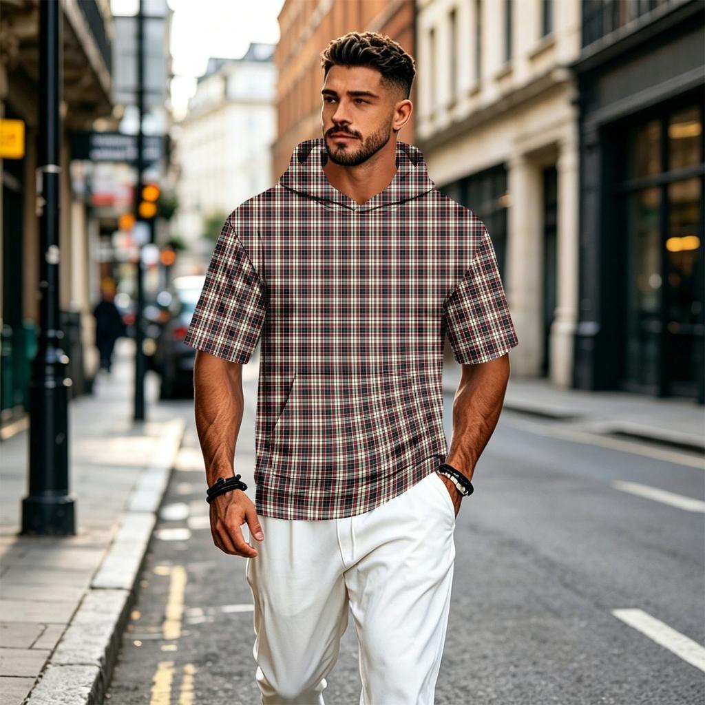 Felpa con Cappuccio da Uomo a Maniche Corte con Stampa a Quadri Retrò, Pullover Leggero Casual per l'Uso Quotidiano