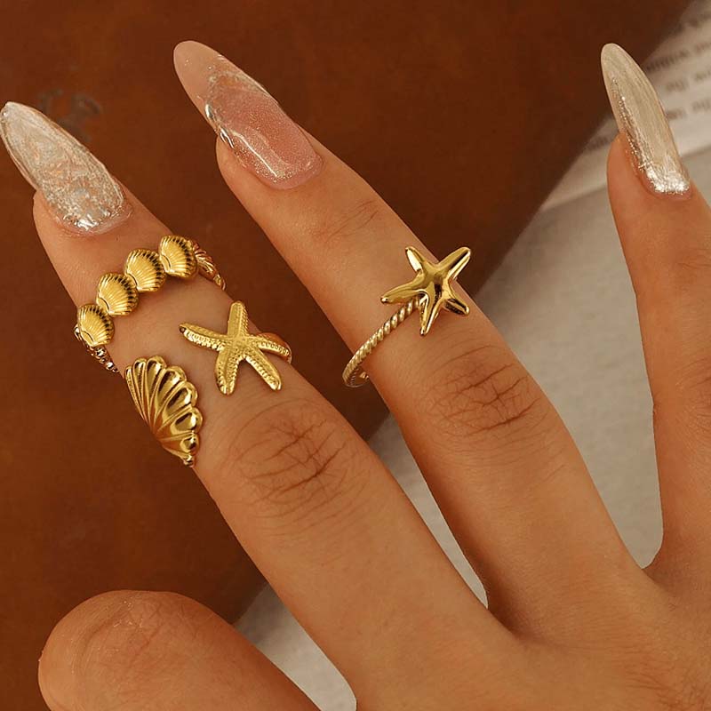 3Pcs/Set Stainless Steel Starfish Shell Rings Set For Women Vintage Gold Open Adjustable Ring Summer Beach Jewelry Gifts