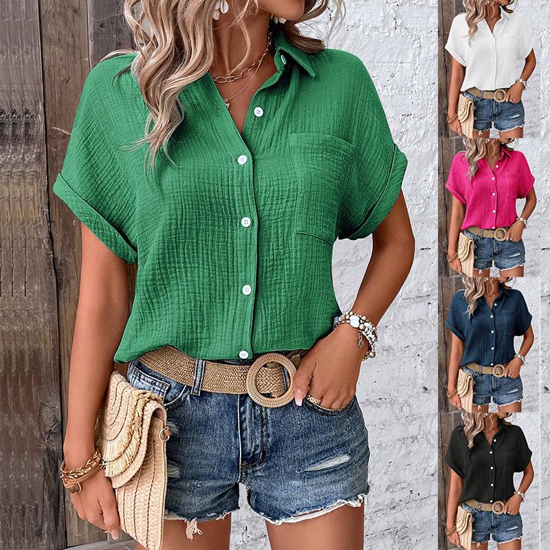 2024 Summer Women's Casual Solid Color Crinkle Fabric Batwing Sleeve Button-Down Shirt