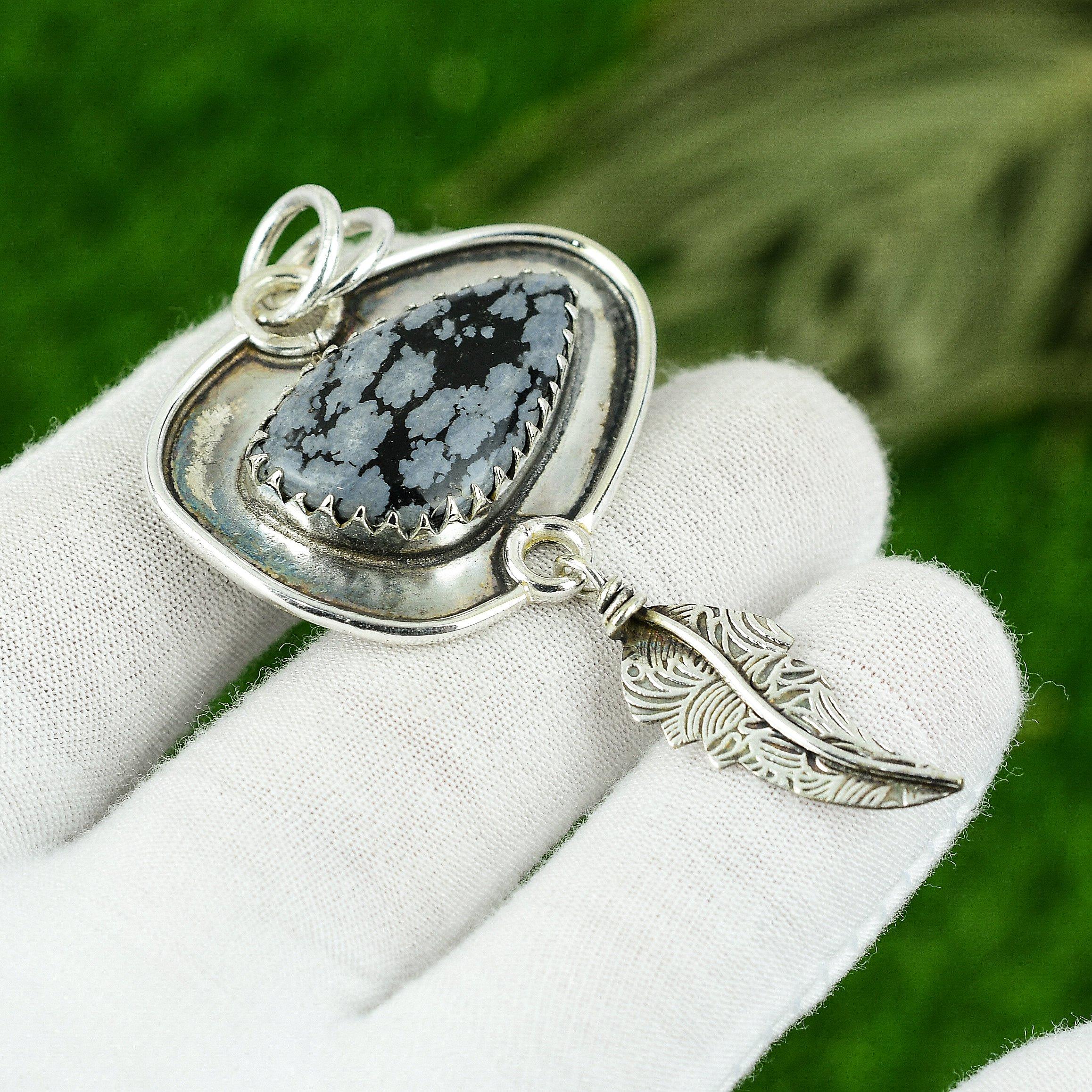 

Anniversary Gift For Her Natural Snoflake Obsidian Gemstone Pendant 925 Silver