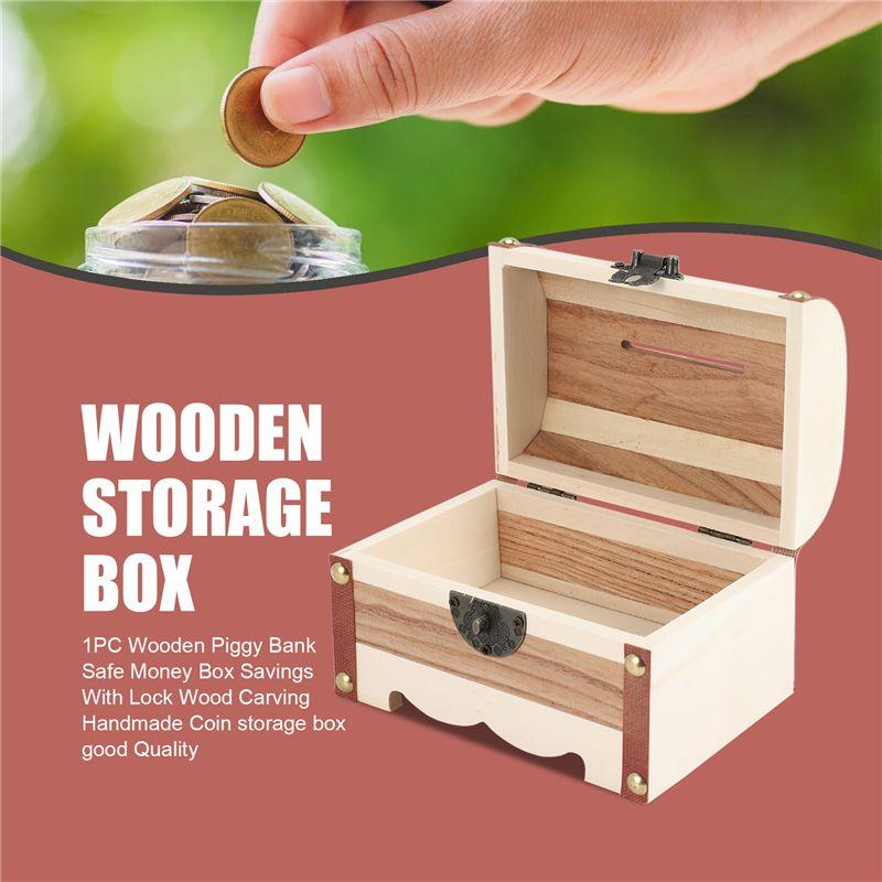 M-Modern-1PC Wooden Piggy Bank Safe Money Box Savings With Lock Wood Carving Handmade Coin Storage Box High Quality