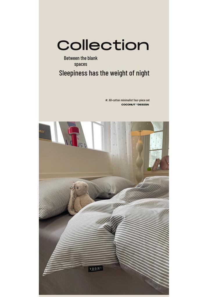New 100% Cotton Simple Stripe Bedding Set – Includes Duvet Cover, Fitted Sheet, and Four-Piece Set for Dorms
