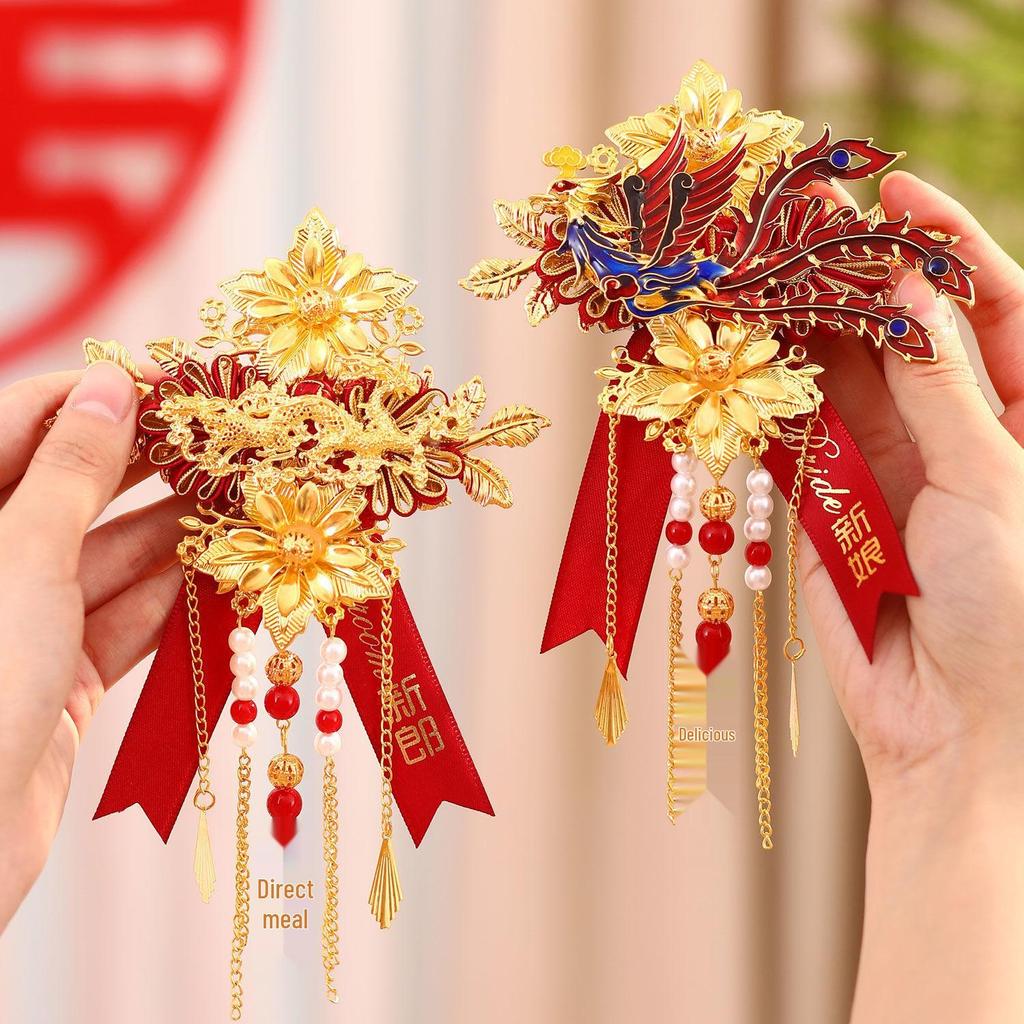 Dragon & Phoenix Wedding Brooch Set: Bride & Groom Corsage/Boutonniere
