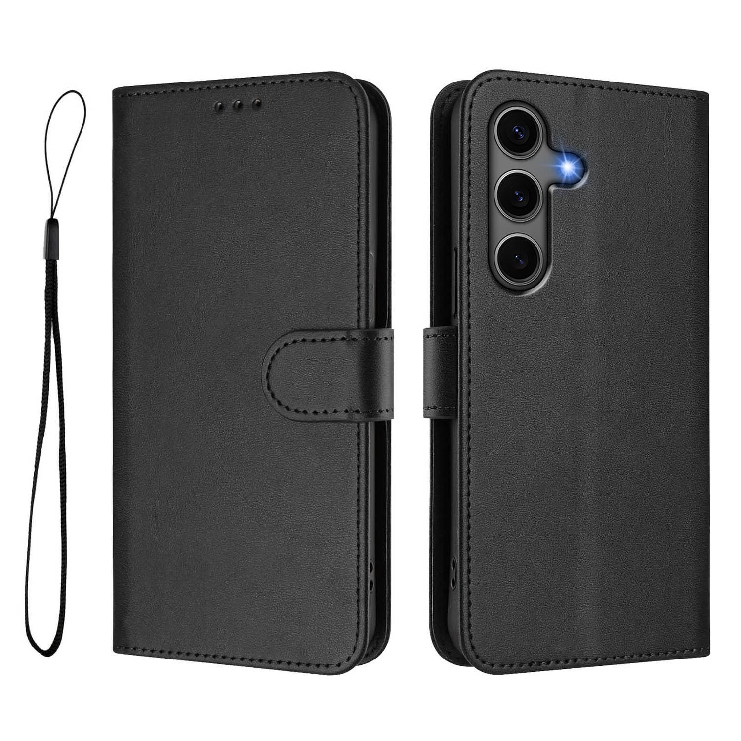 

For Samsung Galaxy S24+/Galaxy S25+ Wallet Case RFID Blocking Calf Texture Leather Stand Phone Cover with Strap Black