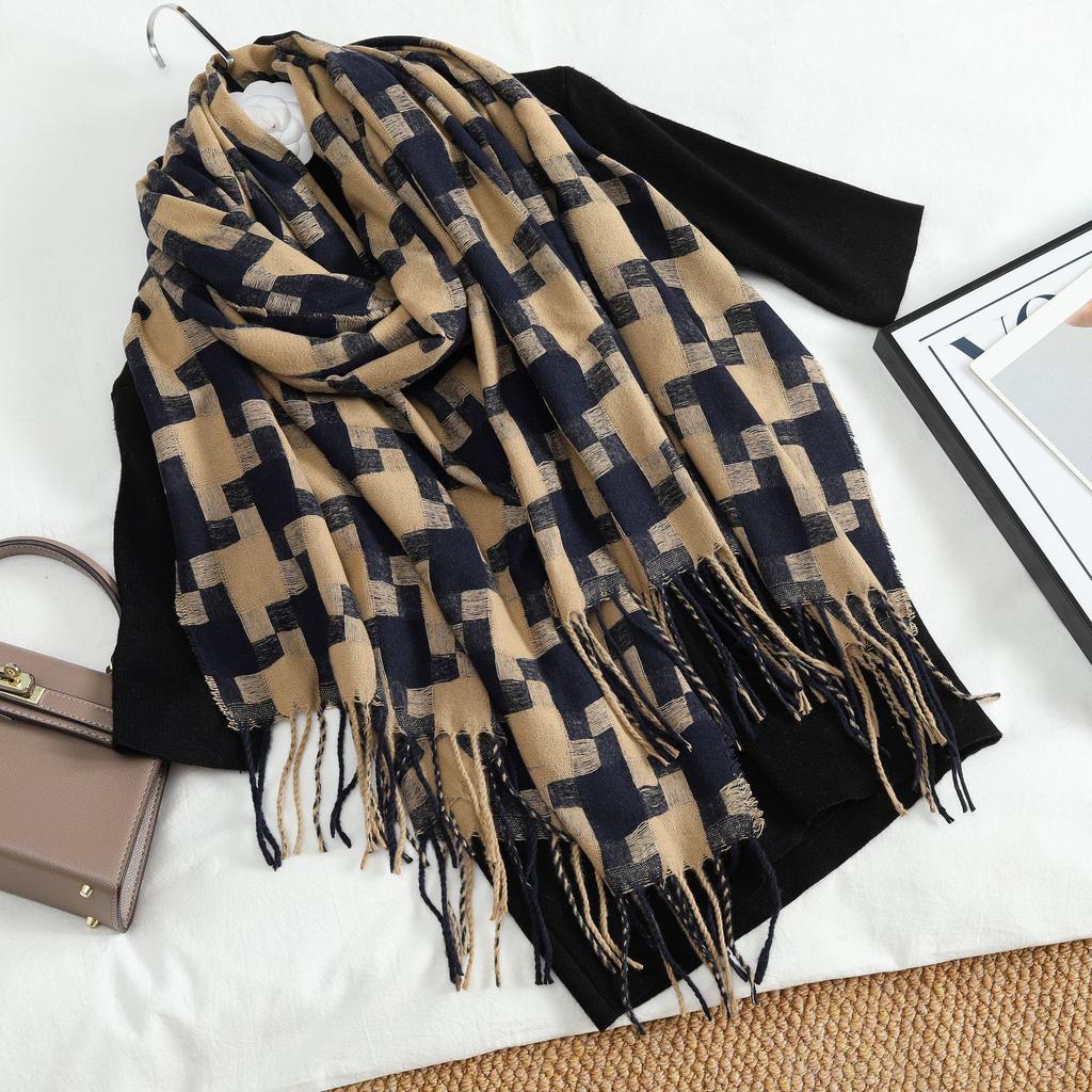 New Women's Retro Thousand Bird Grid Tassel Thickened Warm Scarf Japanese Korean Students Versatile Shawl
