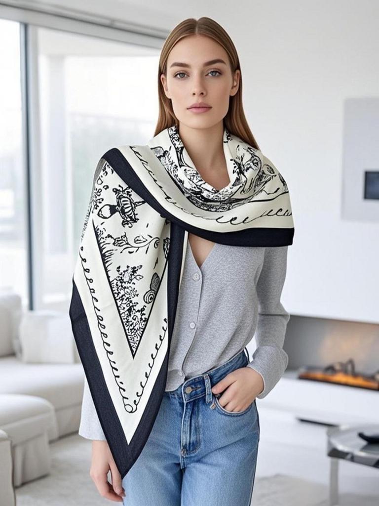 Silk Wool Triangle Scarf - Classic Black & White Versatile Shawl for Women