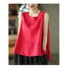 Women Solid Linen Sleeveless Tank Top Round Neck Loose Side Split Casual Vintage Literary Summer Camisole Blouse