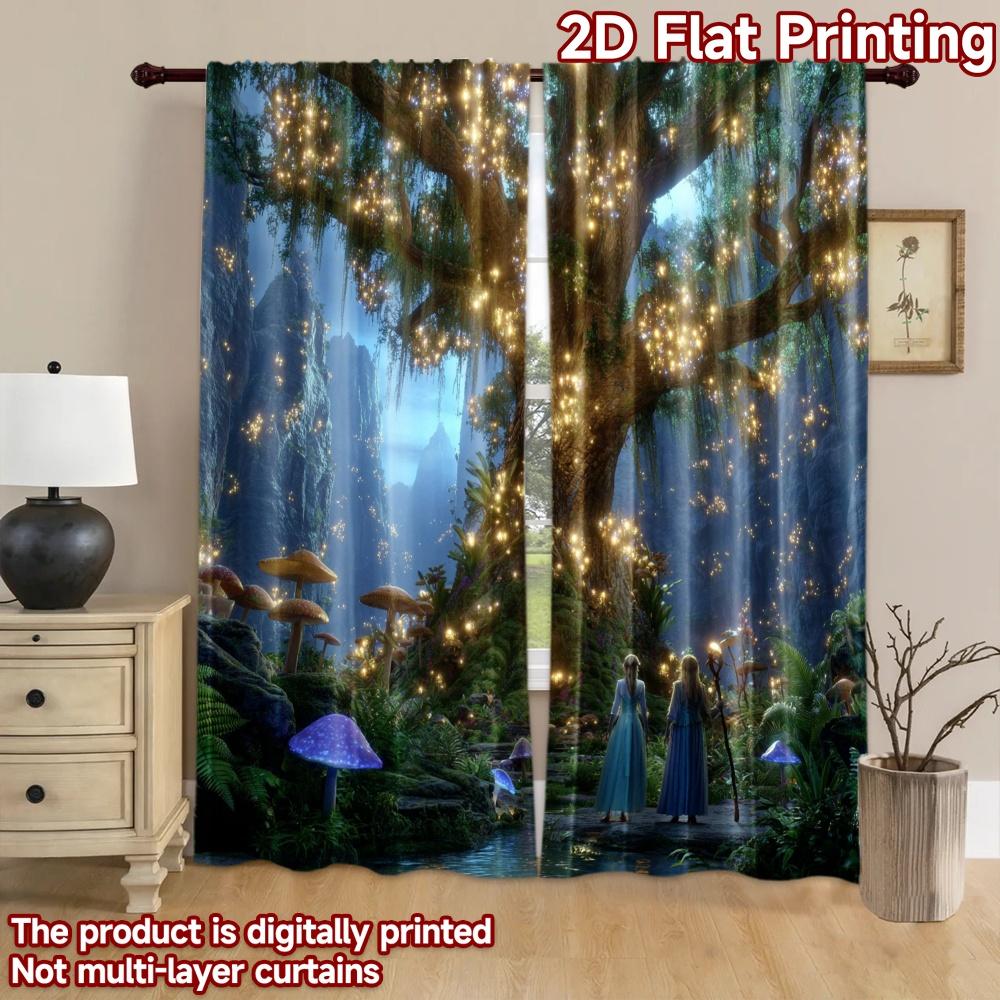 2D flat printing 2pcs Curtain Enchanted Forest Fantasy Creatures River Digital Printed Polyester Drapes Birthday Party Perfect