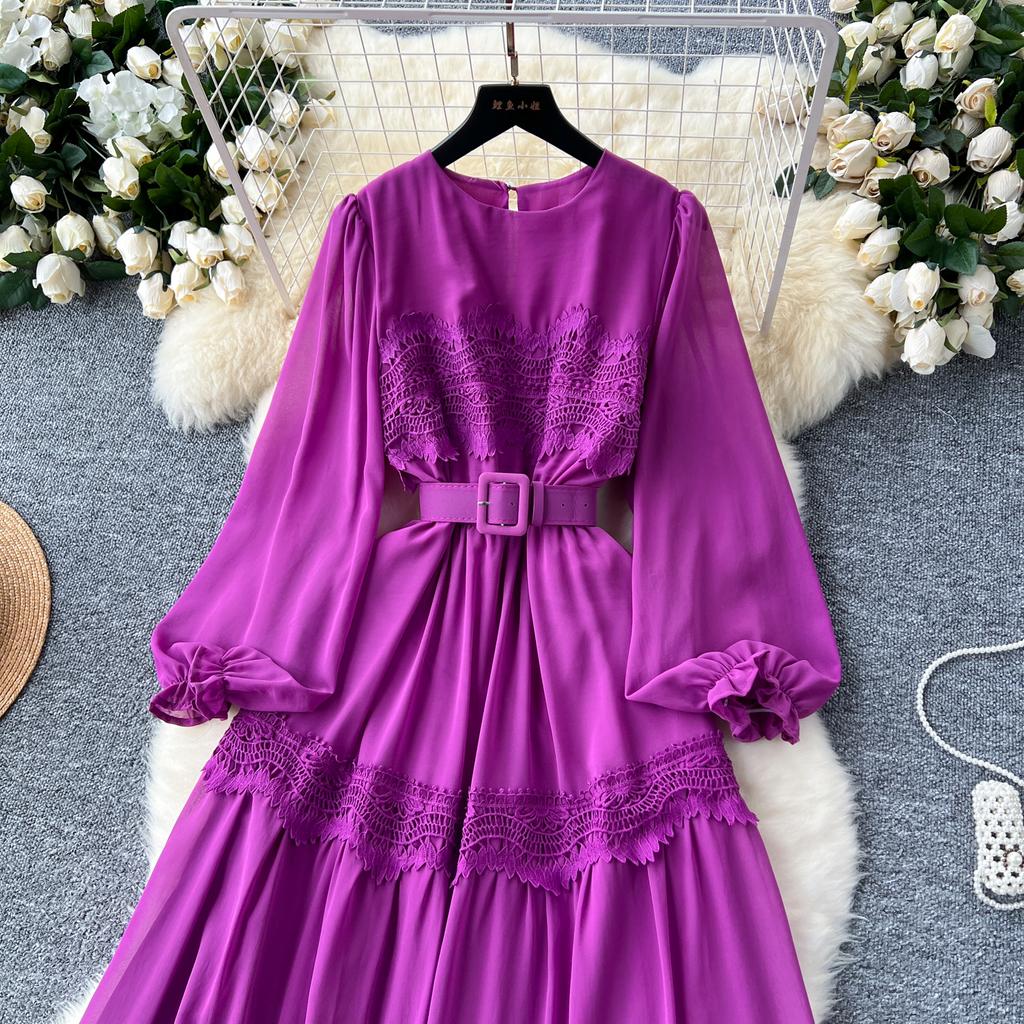 French O Neck Cut Out Lace PATCHWORK Lantern Sleeve Korean Fashion Dress Women's Summer Waist Sweet Dresses