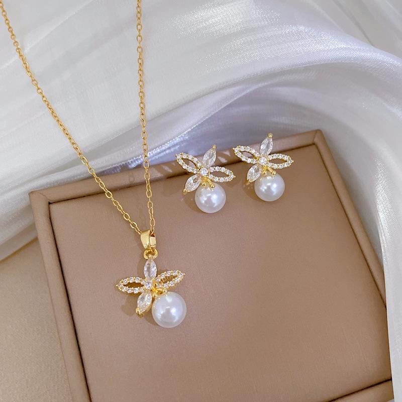 Micro-inlaid Stainless Steel Charm Flower Necklace Earrings Fashion Gorgeous Zircon Temperament Girl Accessories Set